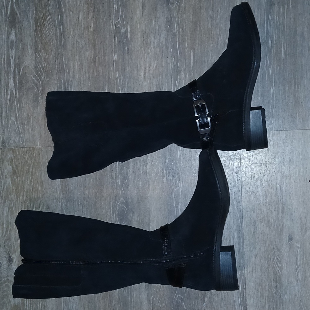 Clarks Black Suede Knee-High Heeled Boots
